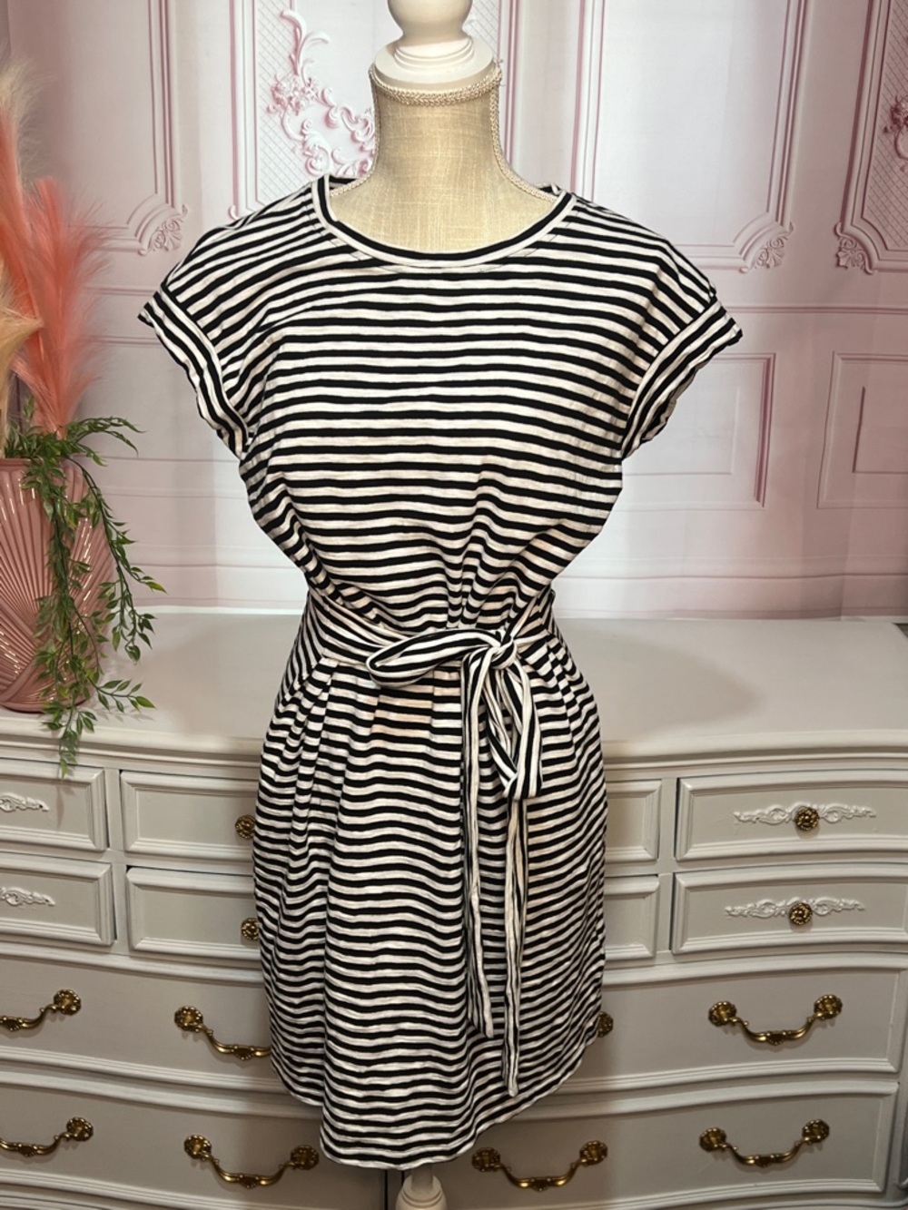 J. Crew Striped Black and White Tie-Waist Modest Neckline Dress